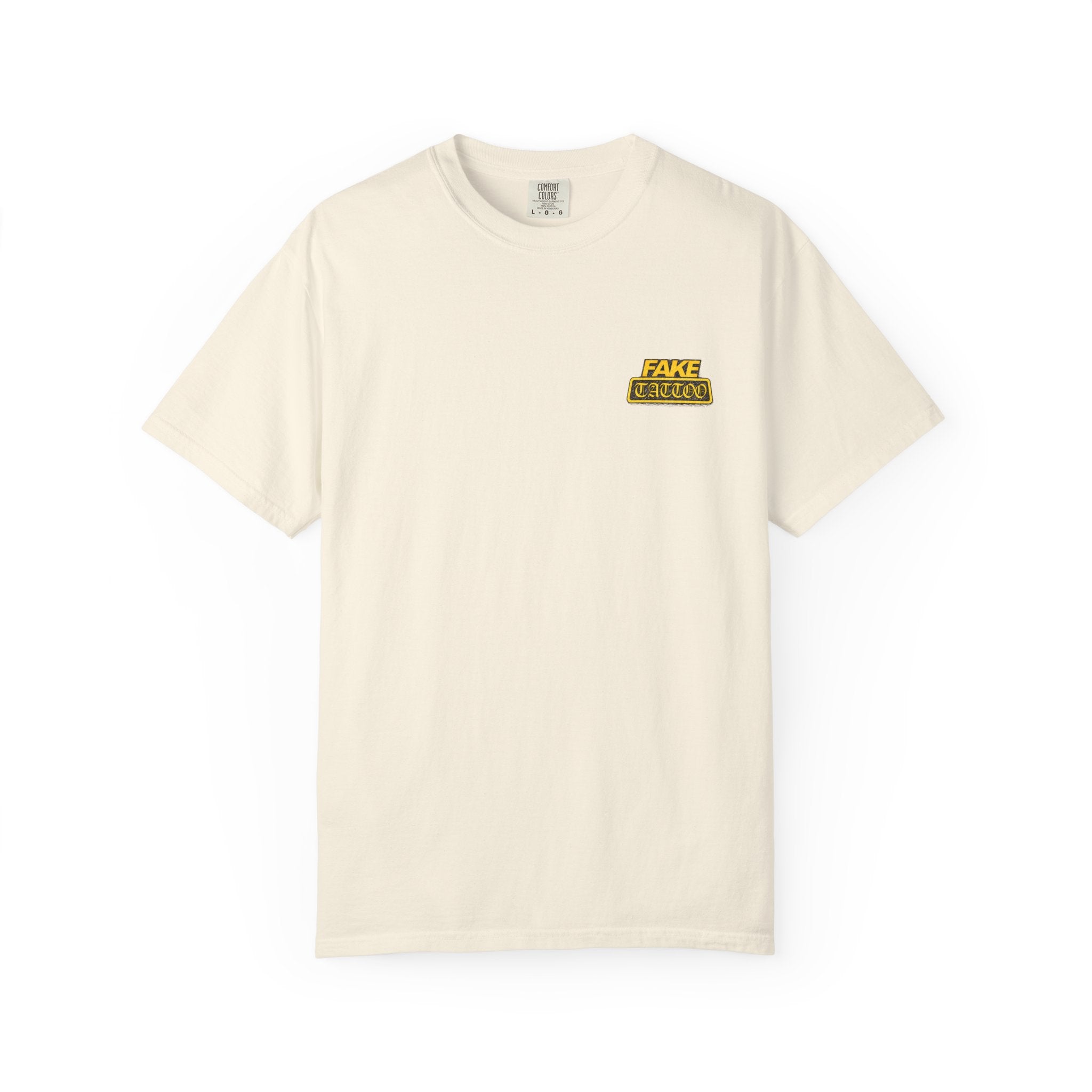 Fake Tattoo Graphic T-Shirt — Retro Yellow Chest & Back Logo