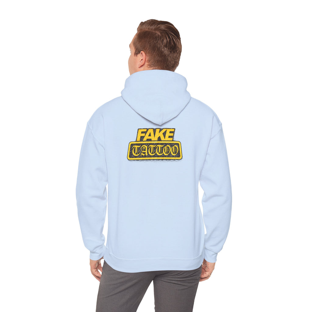 Fake Tattoo Hoodie – Retro Yellow Emblem Back Print Sweatshirt