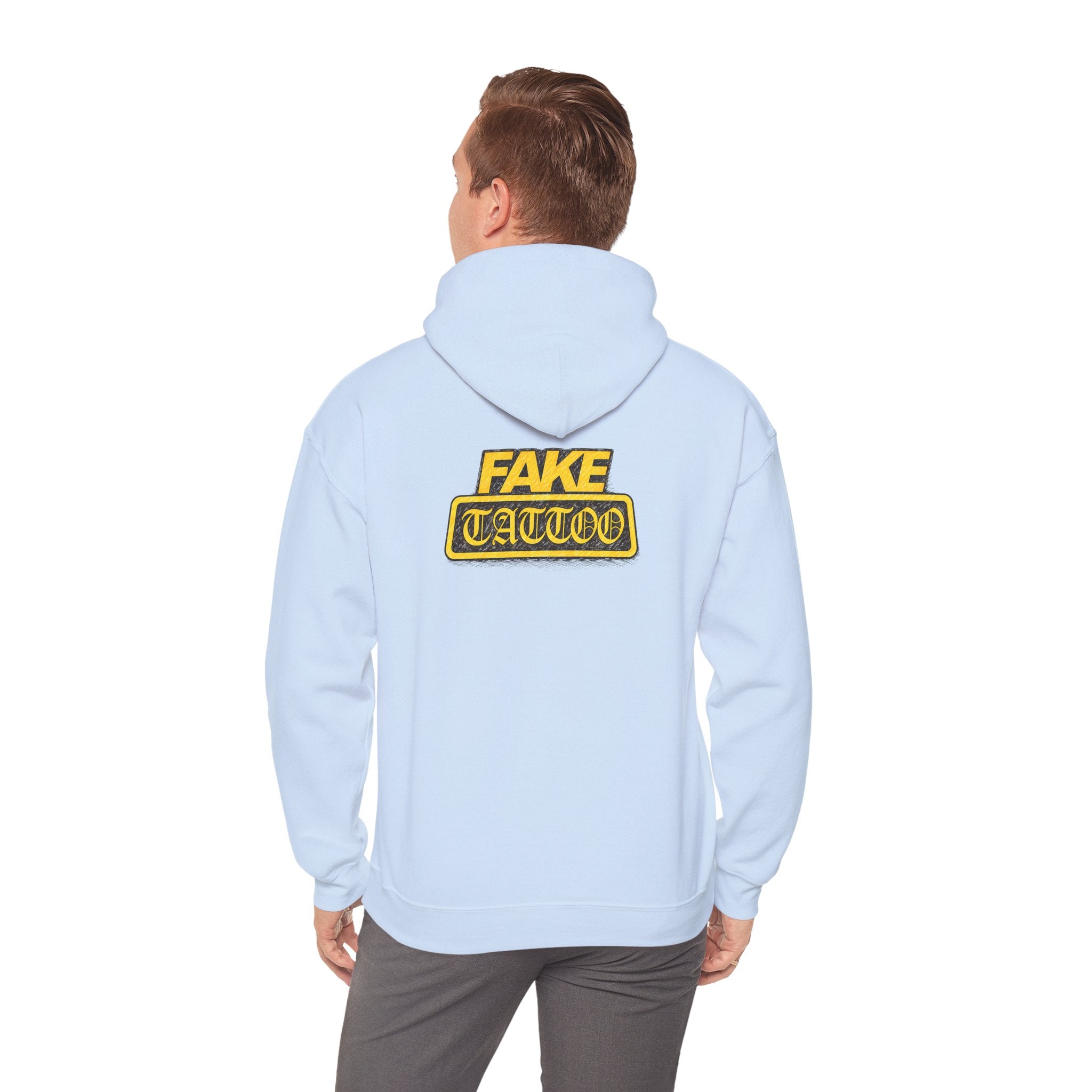 Fake Tattoo Hoodie – Retro Yellow Emblem Back Print Sweatshirt