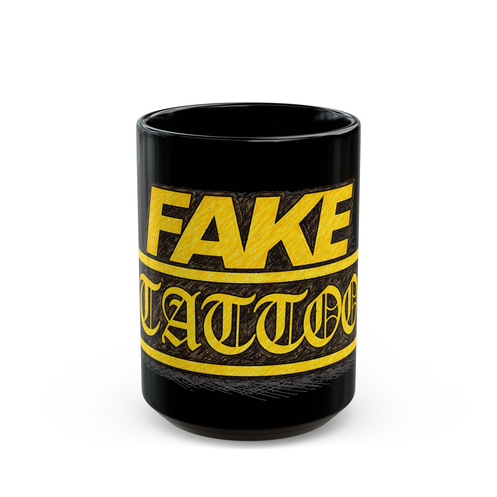 Fake Tattoo Black Mug — Bold Yellow Retro Design Coffee Cup (11oz/15oz)