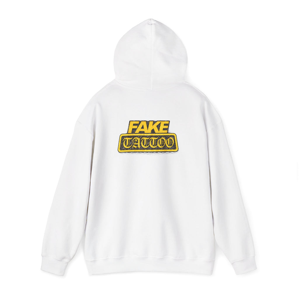 Fake Tattoo Hoodie – Retro Yellow Emblem Back Print Sweatshirt