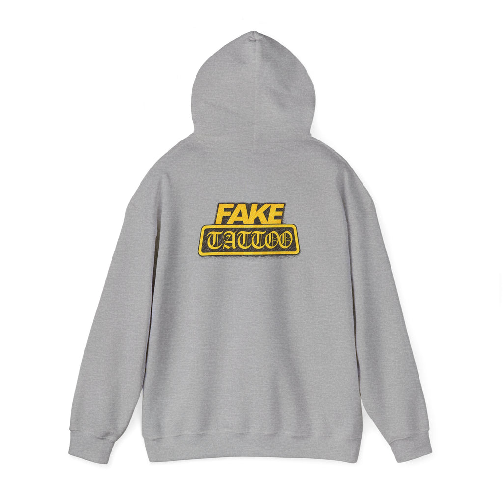 Fake Tattoo Hoodie – Retro Yellow Emblem Back Print Sweatshirt