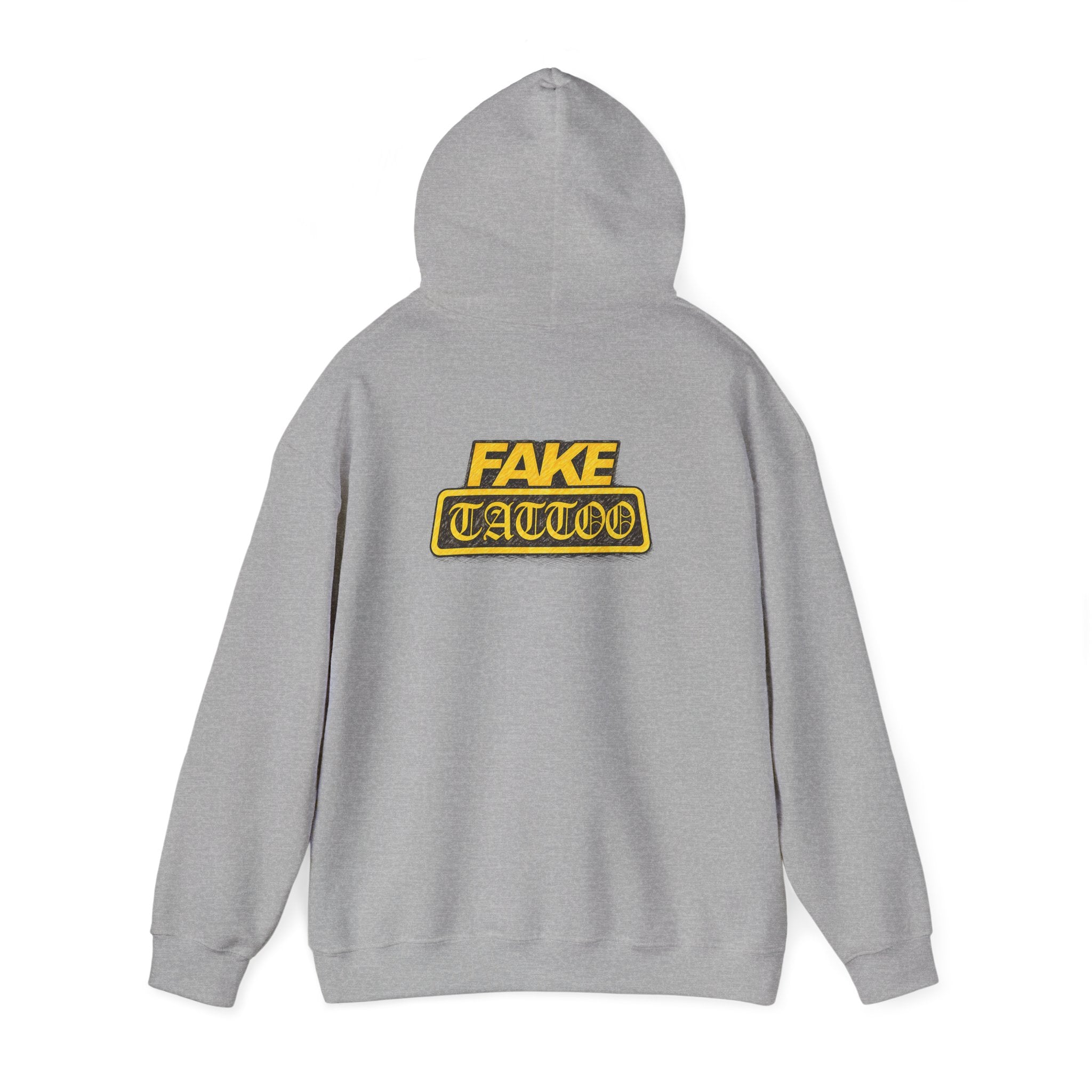 Fake Tattoo Hoodie – Retro Yellow Emblem Back Print Sweatshirt