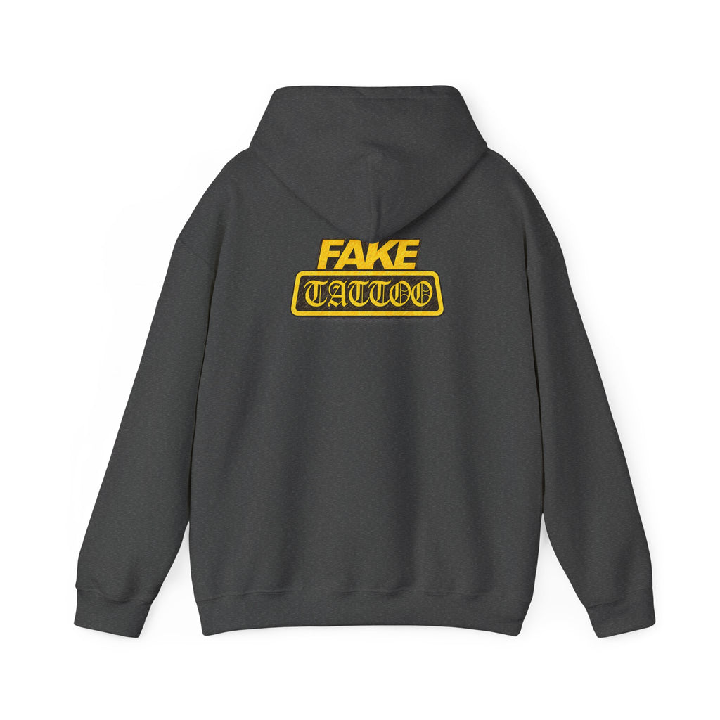 Fake Tattoo Hoodie – Retro Yellow Emblem Back Print Sweatshirt