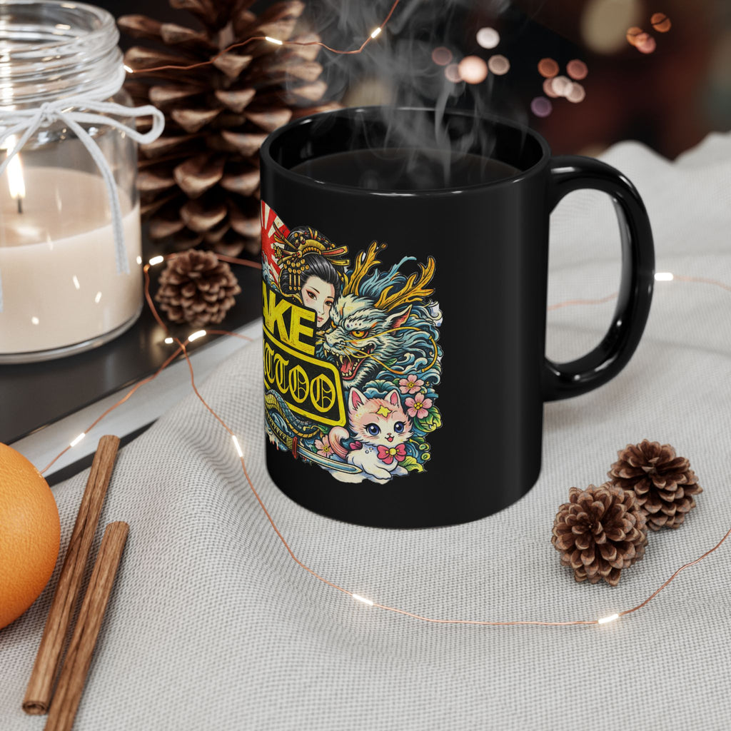 Fake Tattoo Black Mug — Japanese Tattoo Style Coffee Cup with Maneki-neko & Oni Art (11oz/15oz)