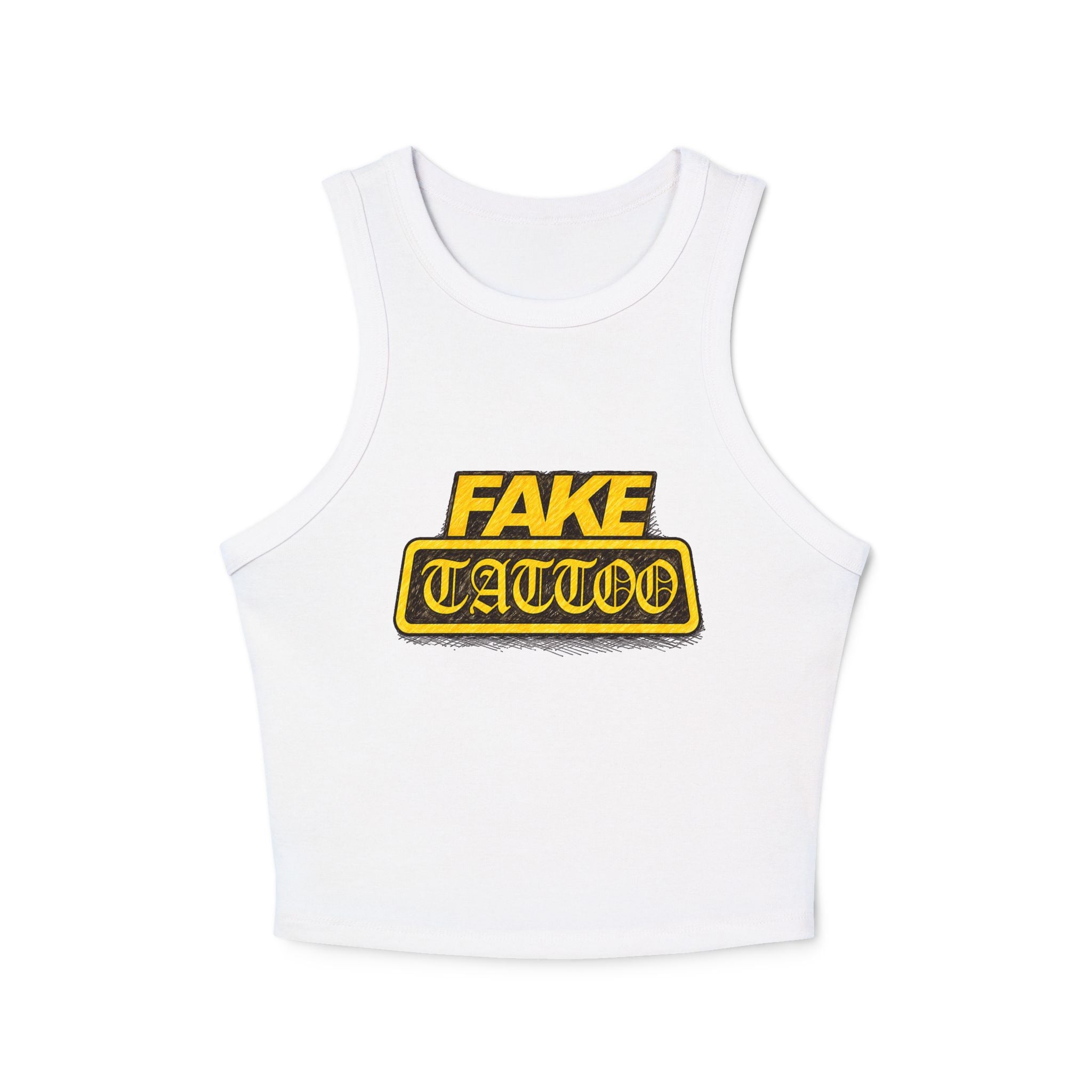 Fake Tattoo Racer Tank Top — Retro Yellow Graphic Crop Top
