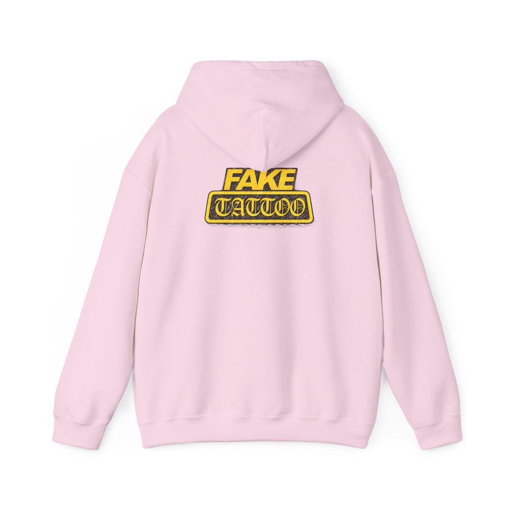 Fake Tattoo Hoodie – Retro Yellow Emblem Back Print Sweatshirt