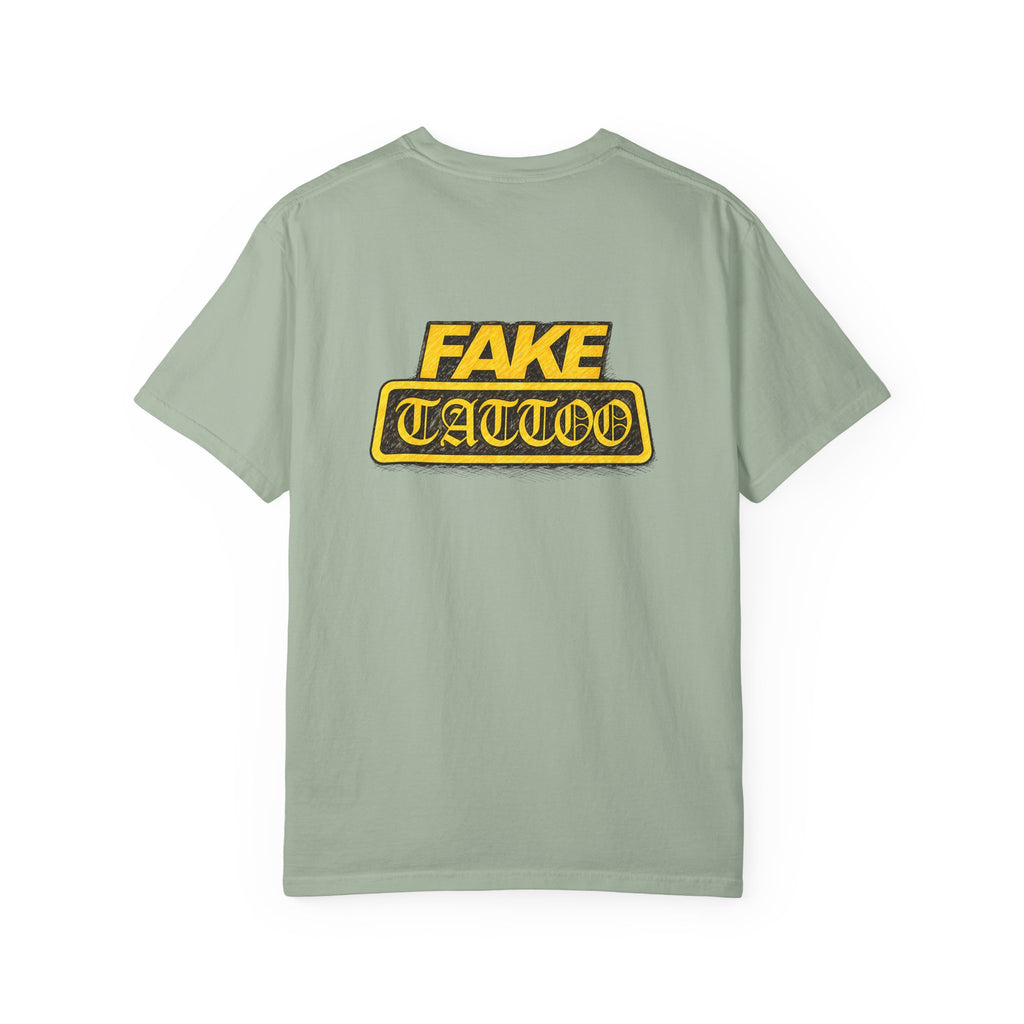 Fake Tattoo Graphic T-Shirt — Retro Yellow Chest & Back Logo