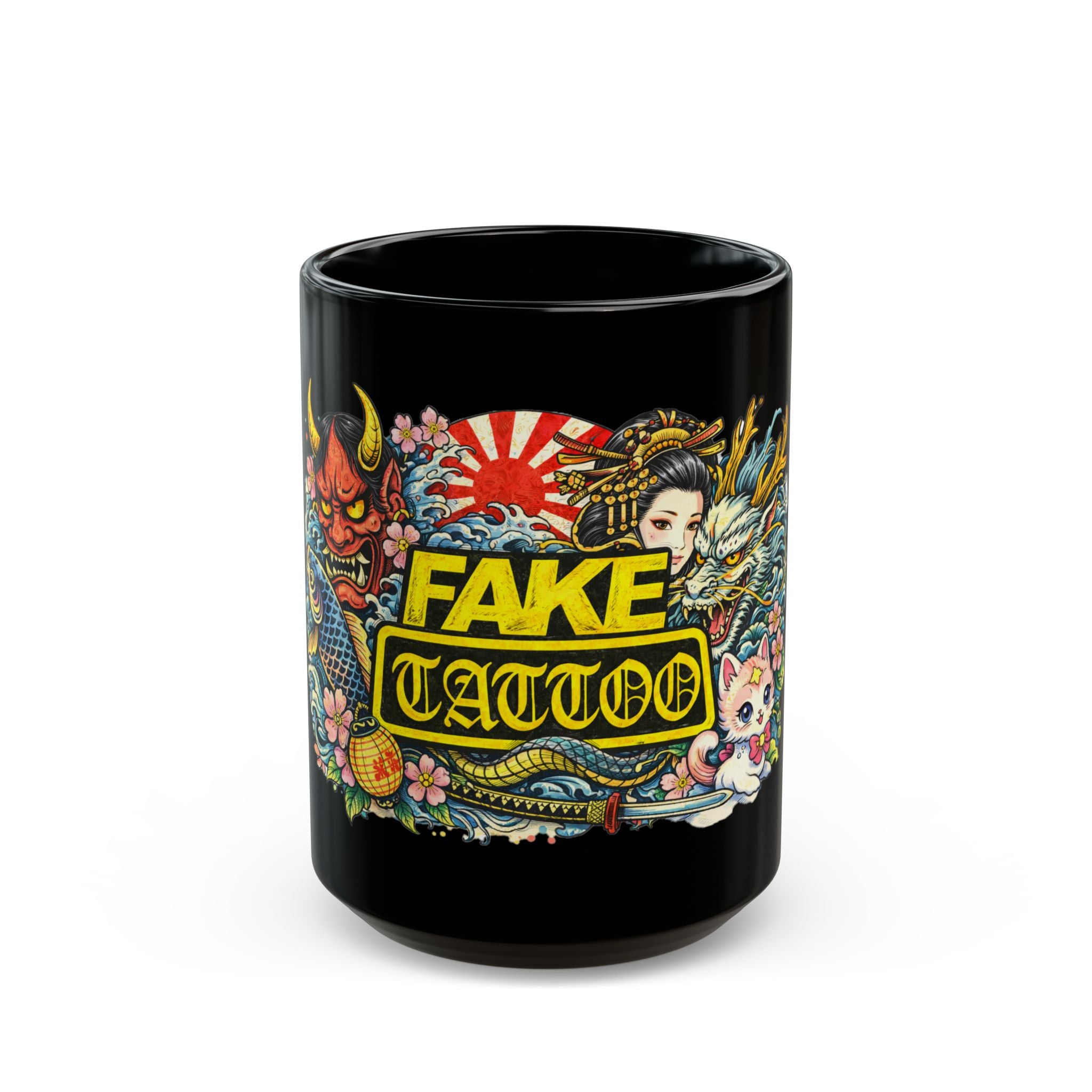 Fake Tattoo Black Mug — Japanese Tattoo Style Coffee Cup with Maneki-neko & Oni Art (11oz/15oz)