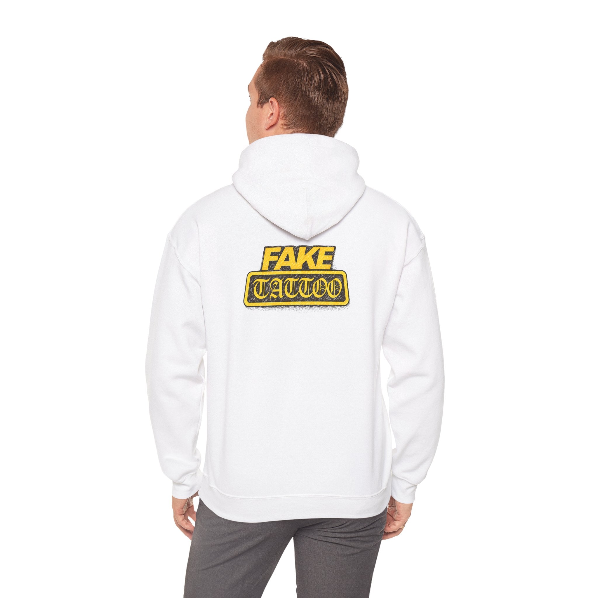 Fake Tattoo Hoodie – Retro Yellow Emblem Back Print Sweatshirt