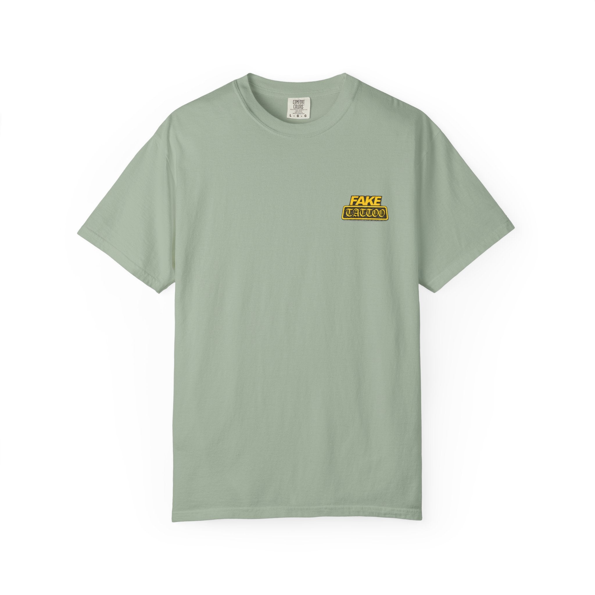 Fake Tattoo Graphic T-Shirt — Retro Yellow Chest & Back Logo