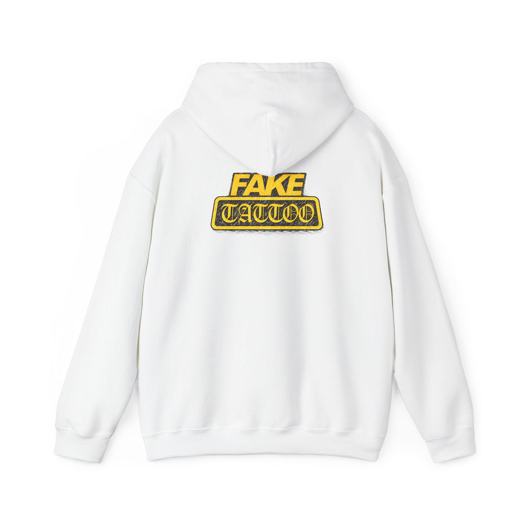 Fake Tattoo Hoodie – Retro Yellow Emblem Back Print Sweatshirt