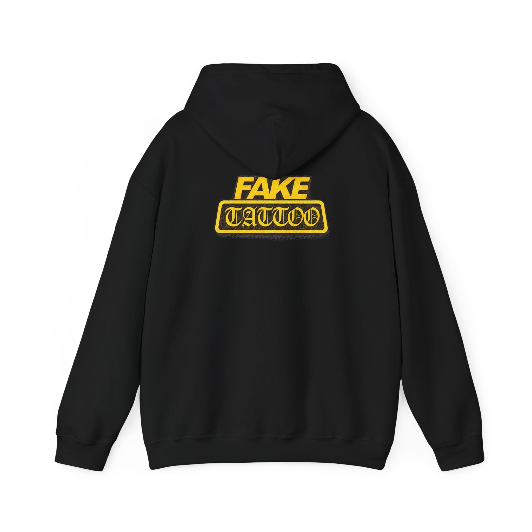 Fake Tattoo Hoodie – Retro Yellow Emblem Back Print Sweatshirt