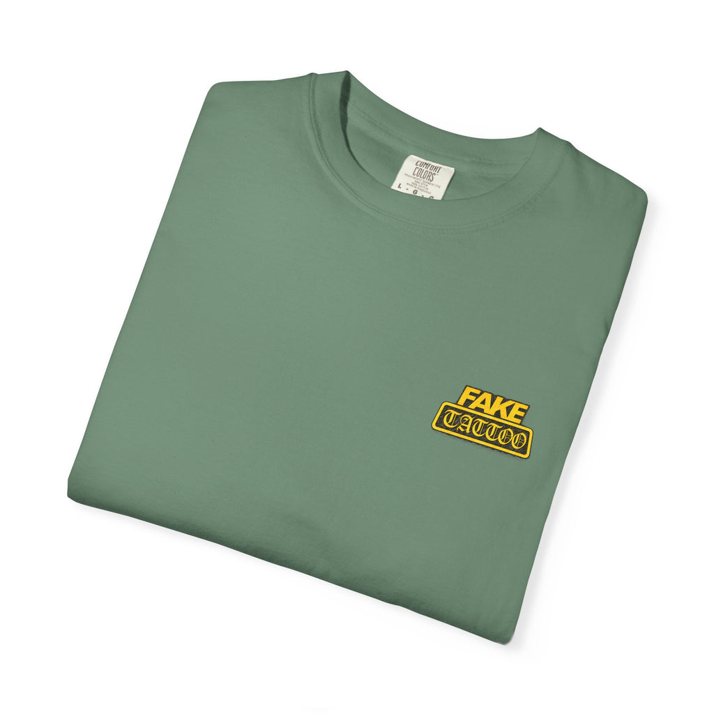 Fake Tattoo Graphic T-Shirt — Retro Yellow Chest & Back Logo