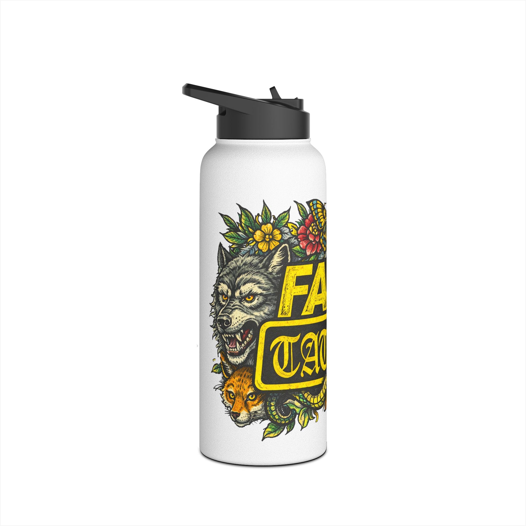 Tattoo-Style Stainless Steel Water Bottle — "Fake Tattoo" Vintage Floral Design