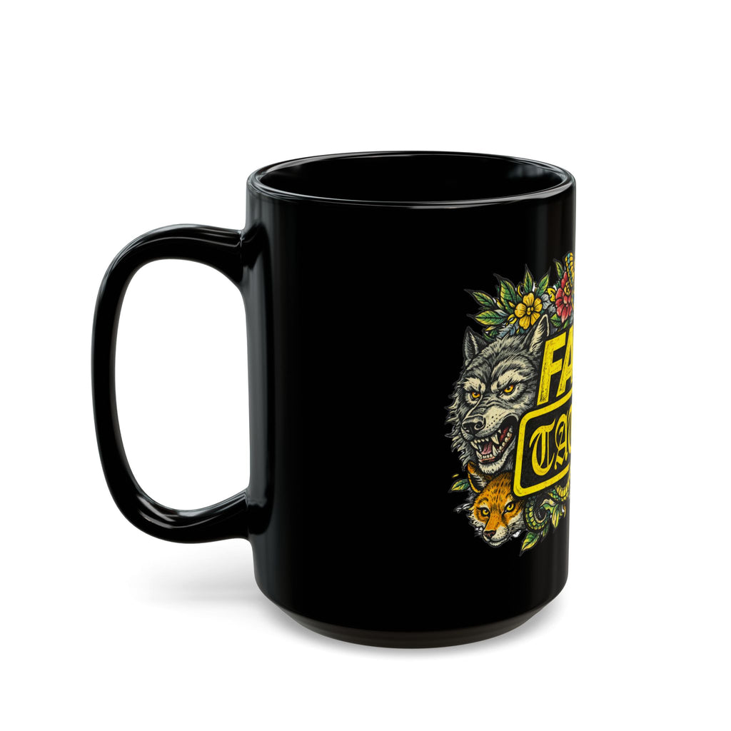 Fake Tattoo Black Mug — Bold Vintage Tattoo-Style Coffee Cup (11oz/15oz)