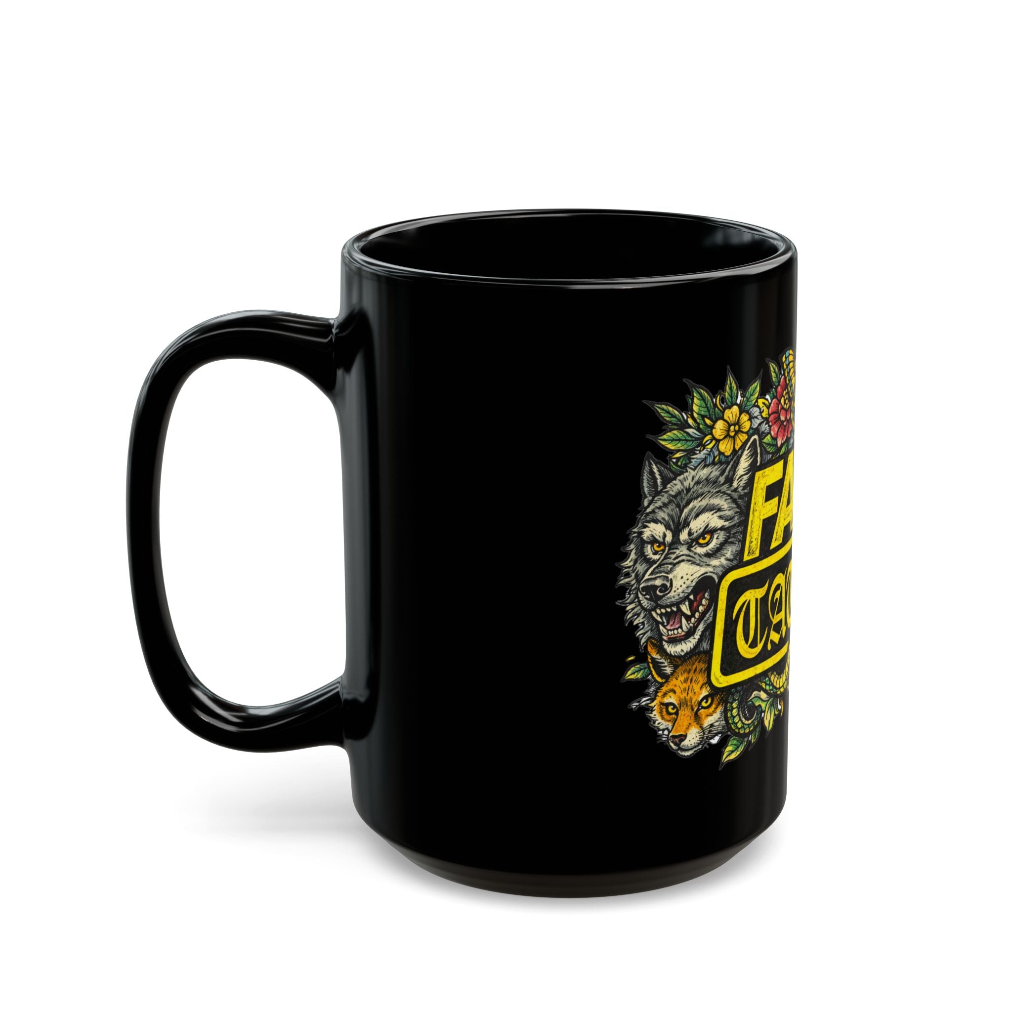 Fake Tattoo Black Mug — Bold Vintage Tattoo-Style Coffee Cup (11oz/15oz)