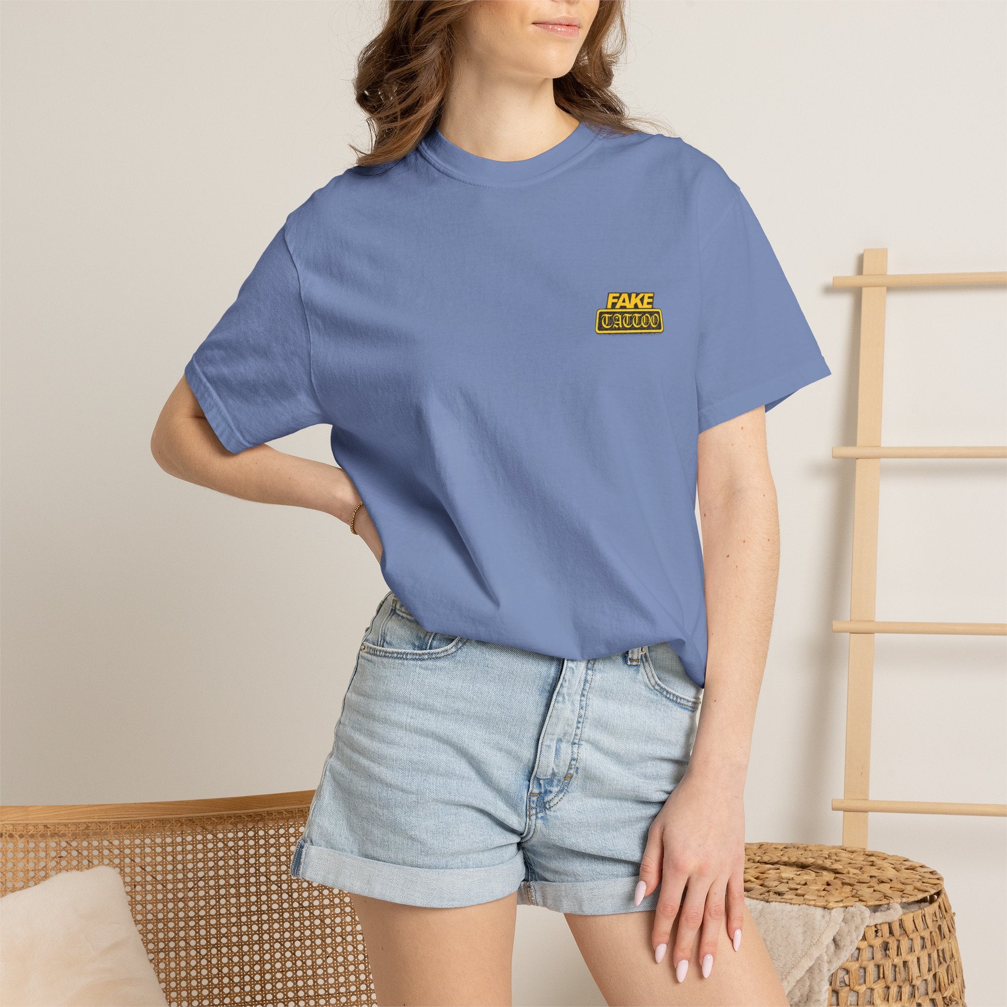 Fake Tattoo Graphic T-Shirt — Retro Yellow Chest & Back Logo