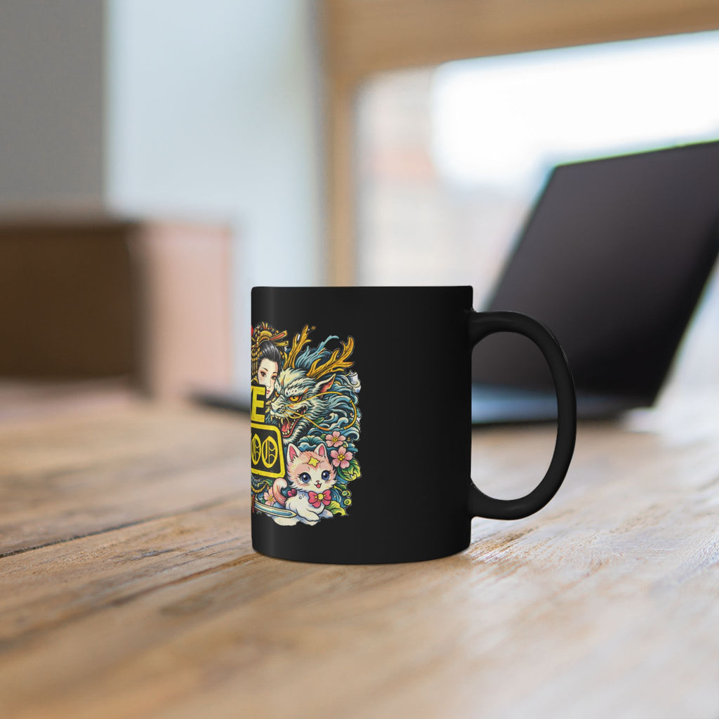 Fake Tattoo Black Mug — Japanese Tattoo Style Coffee Cup with Maneki-neko & Oni Art (11oz/15oz)