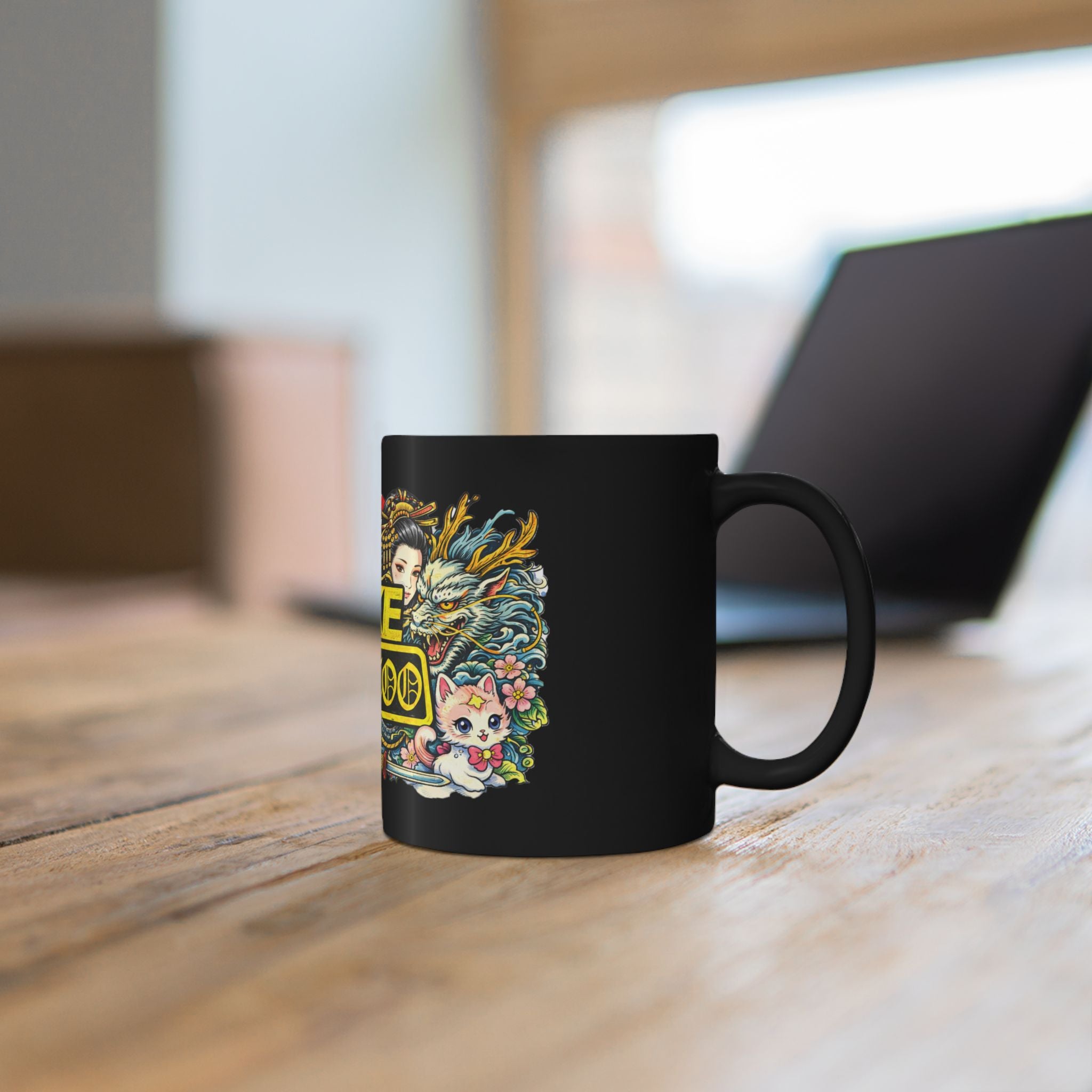Fake Tattoo Black Mug — Japanese Tattoo Style Coffee Cup with Maneki-neko & Oni Art (11oz/15oz)