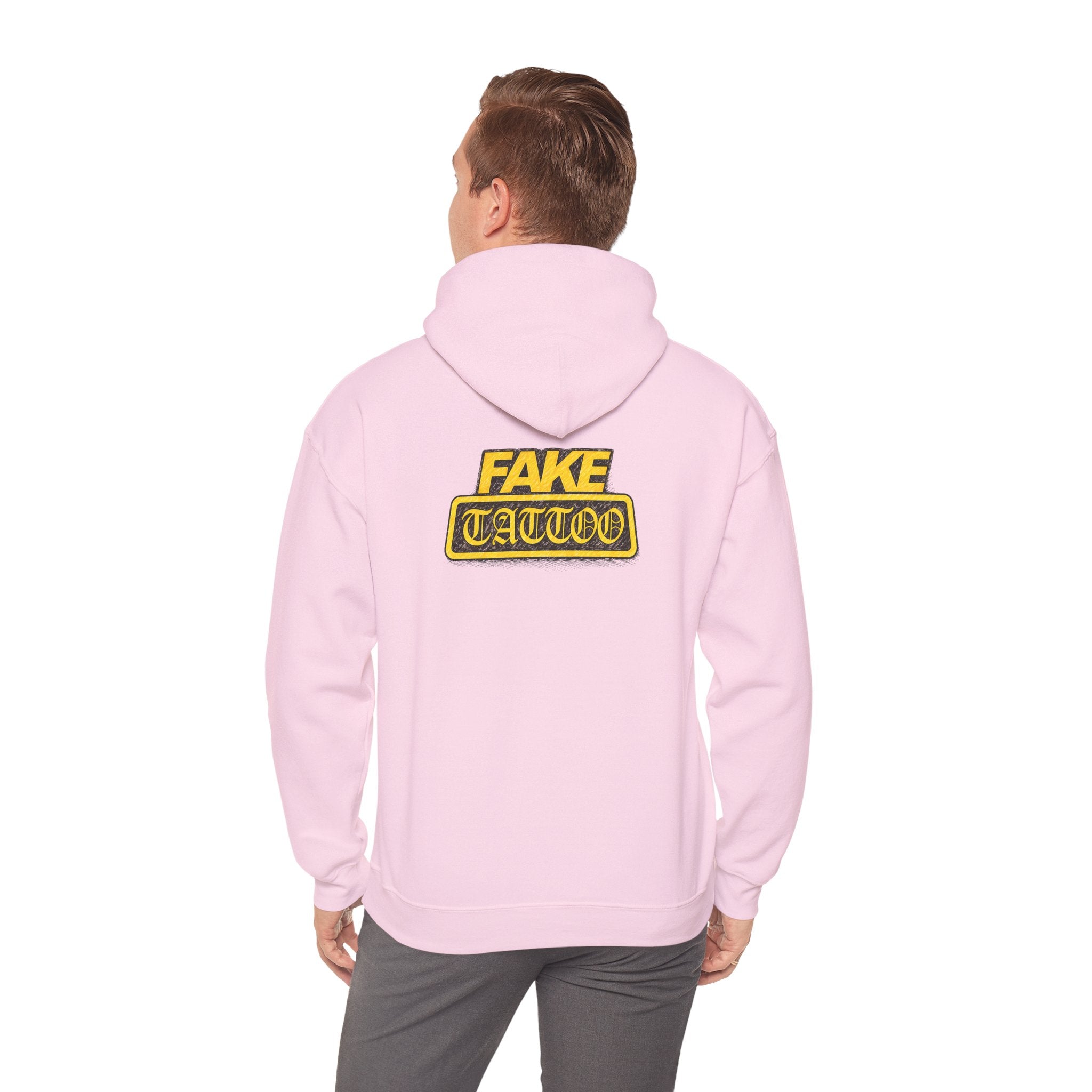 Fake Tattoo Hoodie – Retro Yellow Emblem Back Print Sweatshirt
