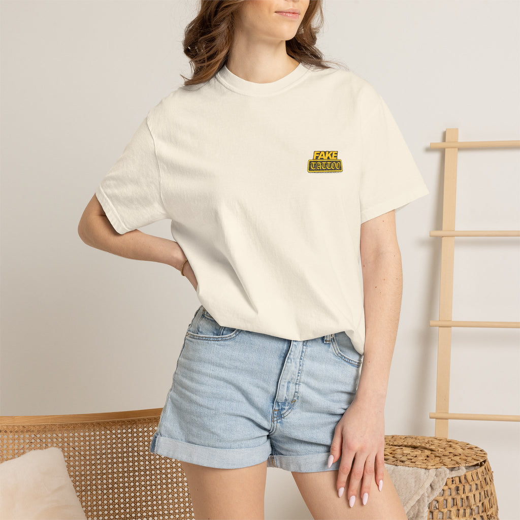 Fake Tattoo Graphic T-Shirt — Retro Yellow Chest & Back Logo