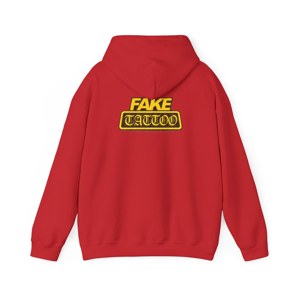 Fake Tattoo Hoodie – Retro Yellow Emblem Back Print Sweatshirt