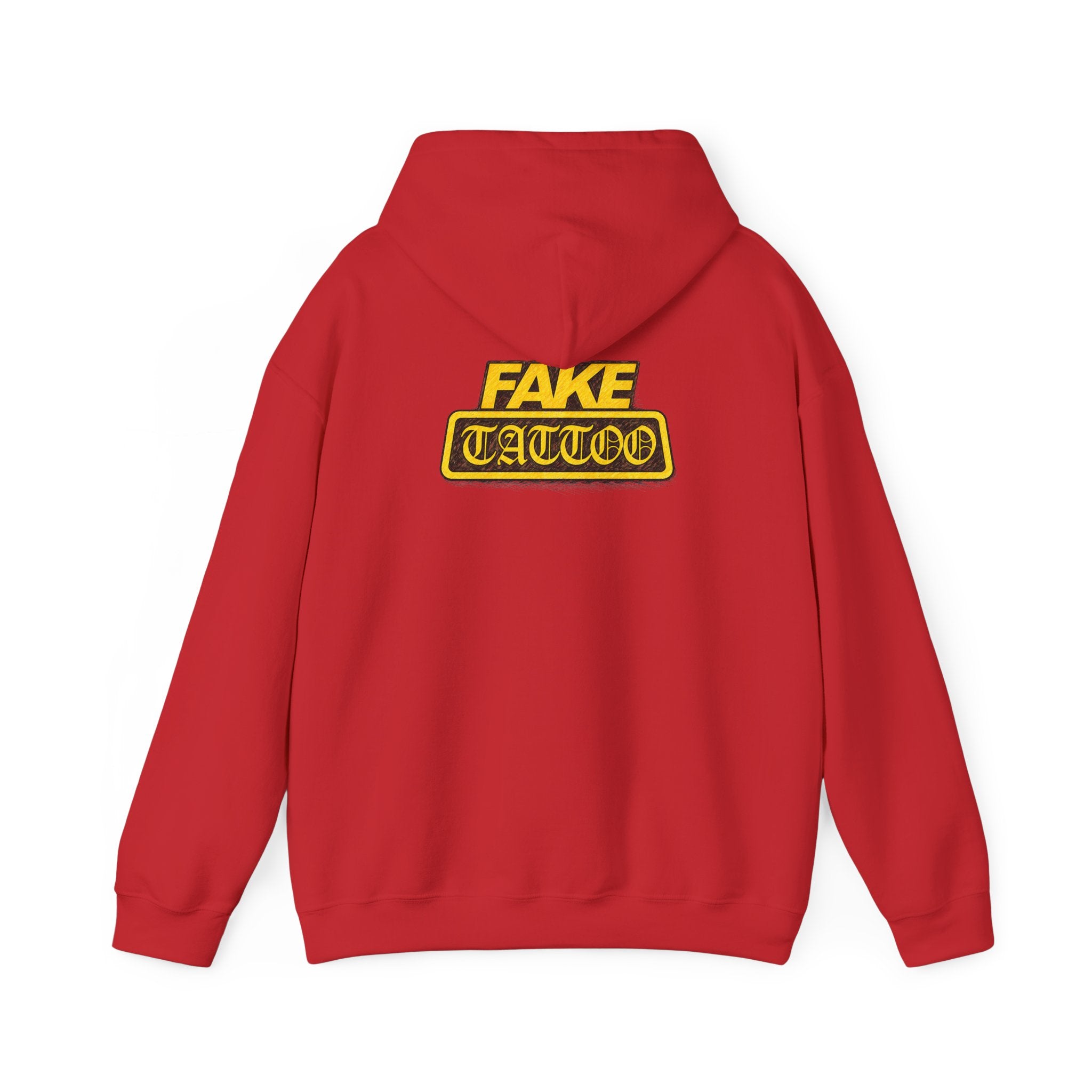 Fake Tattoo Hoodie – Retro Yellow Emblem Back Print Sweatshirt