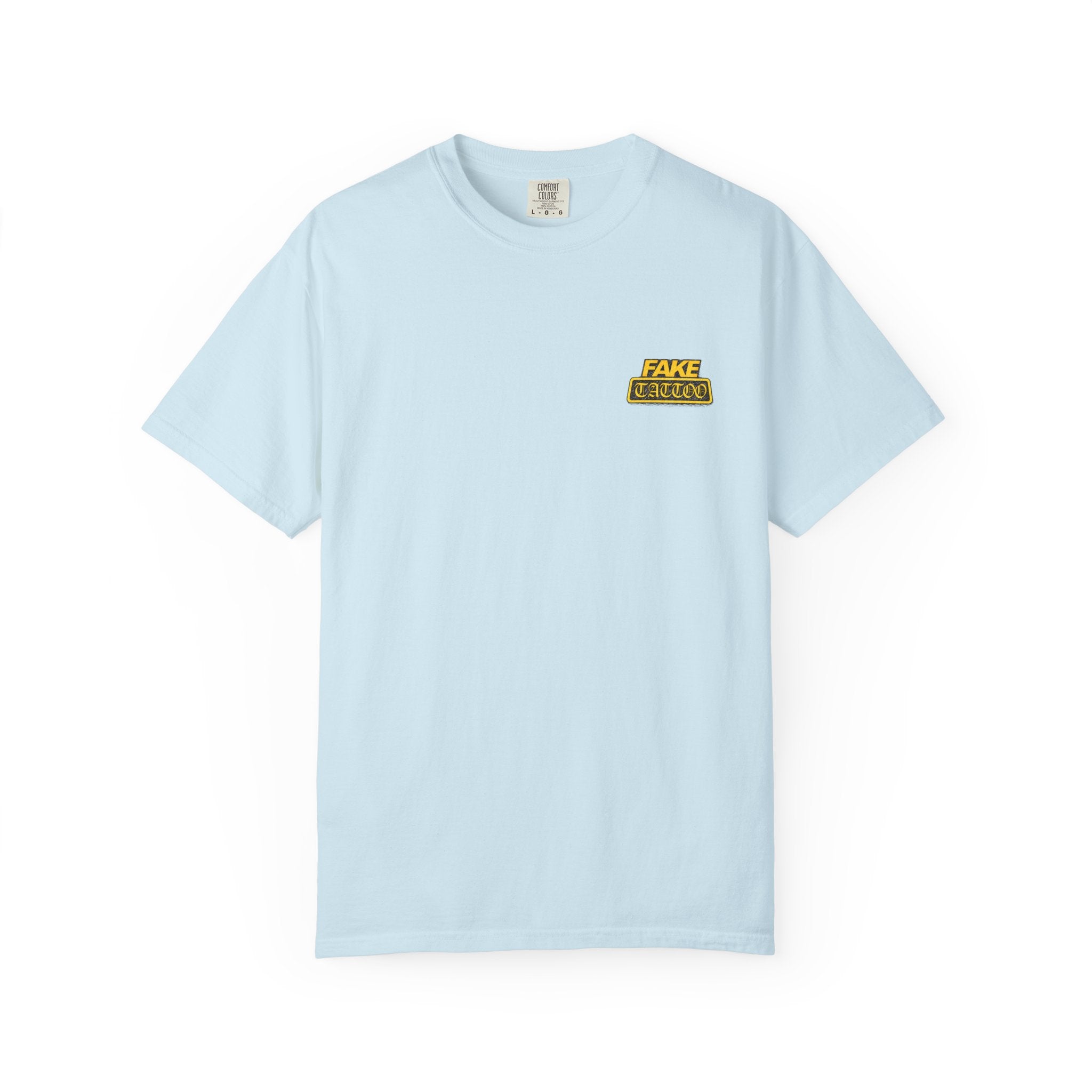 Fake Tattoo Graphic T-Shirt — Retro Yellow Chest & Back Logo