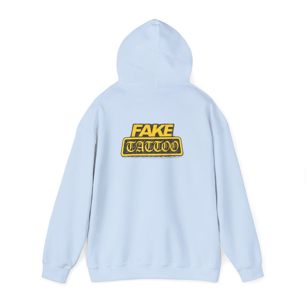Fake Tattoo Hoodie – Retro Yellow Emblem Back Print Sweatshirt