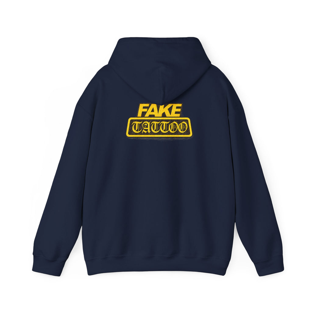 Fake Tattoo Hoodie – Retro Yellow Emblem Back Print Sweatshirt