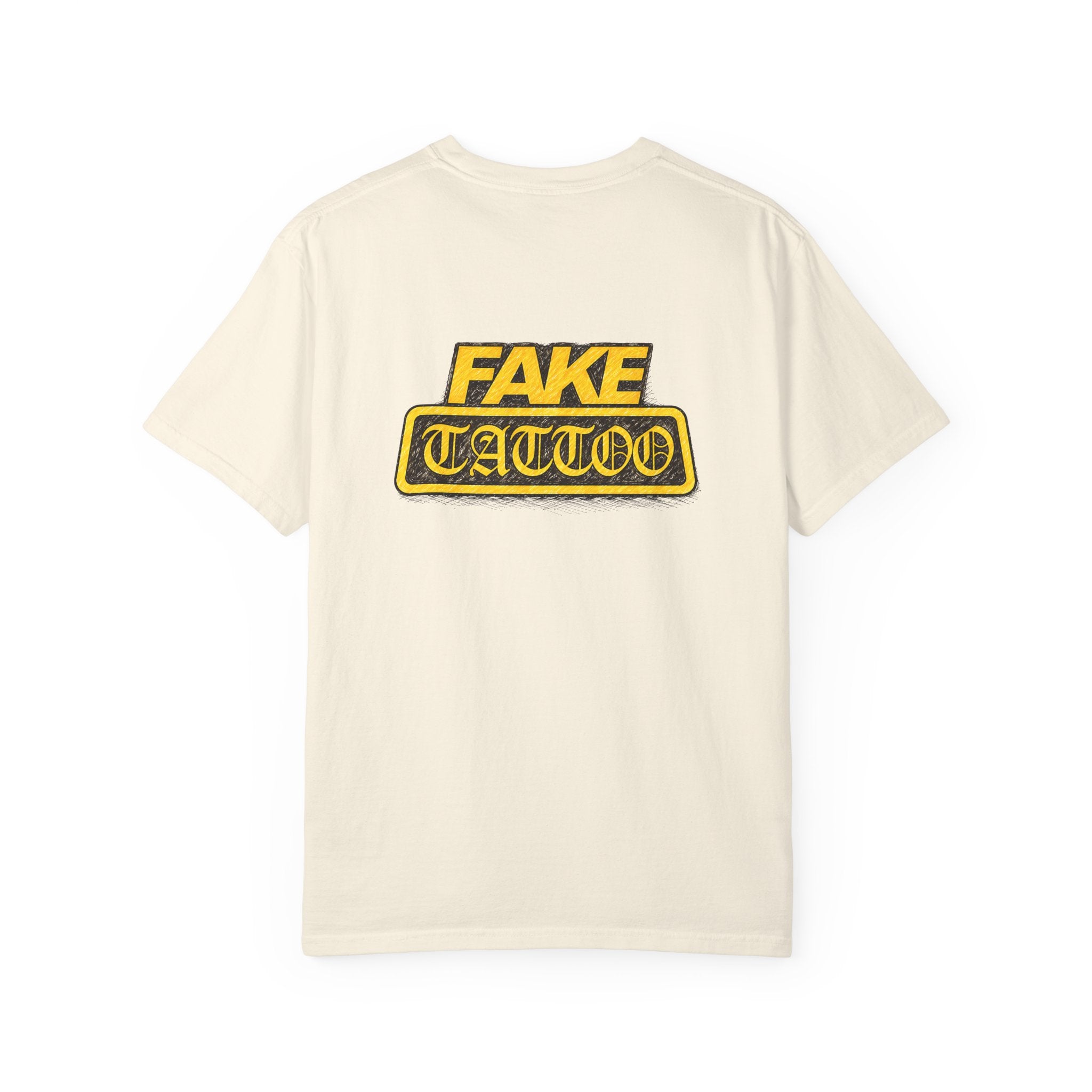 Fake Tattoo Graphic T-Shirt — Retro Yellow Chest & Back Logo