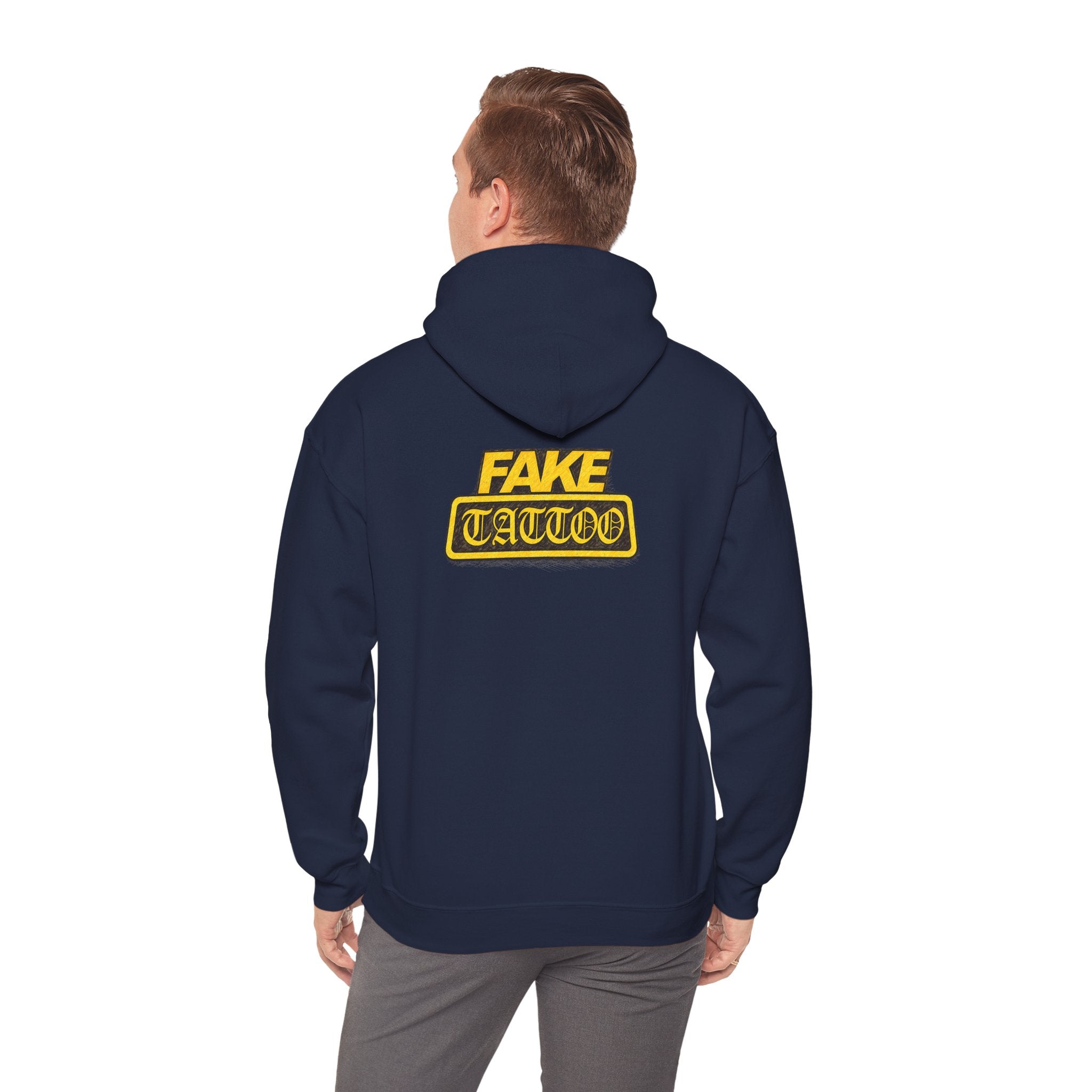 Fake Tattoo Hoodie – Retro Yellow Emblem Back Print Sweatshirt