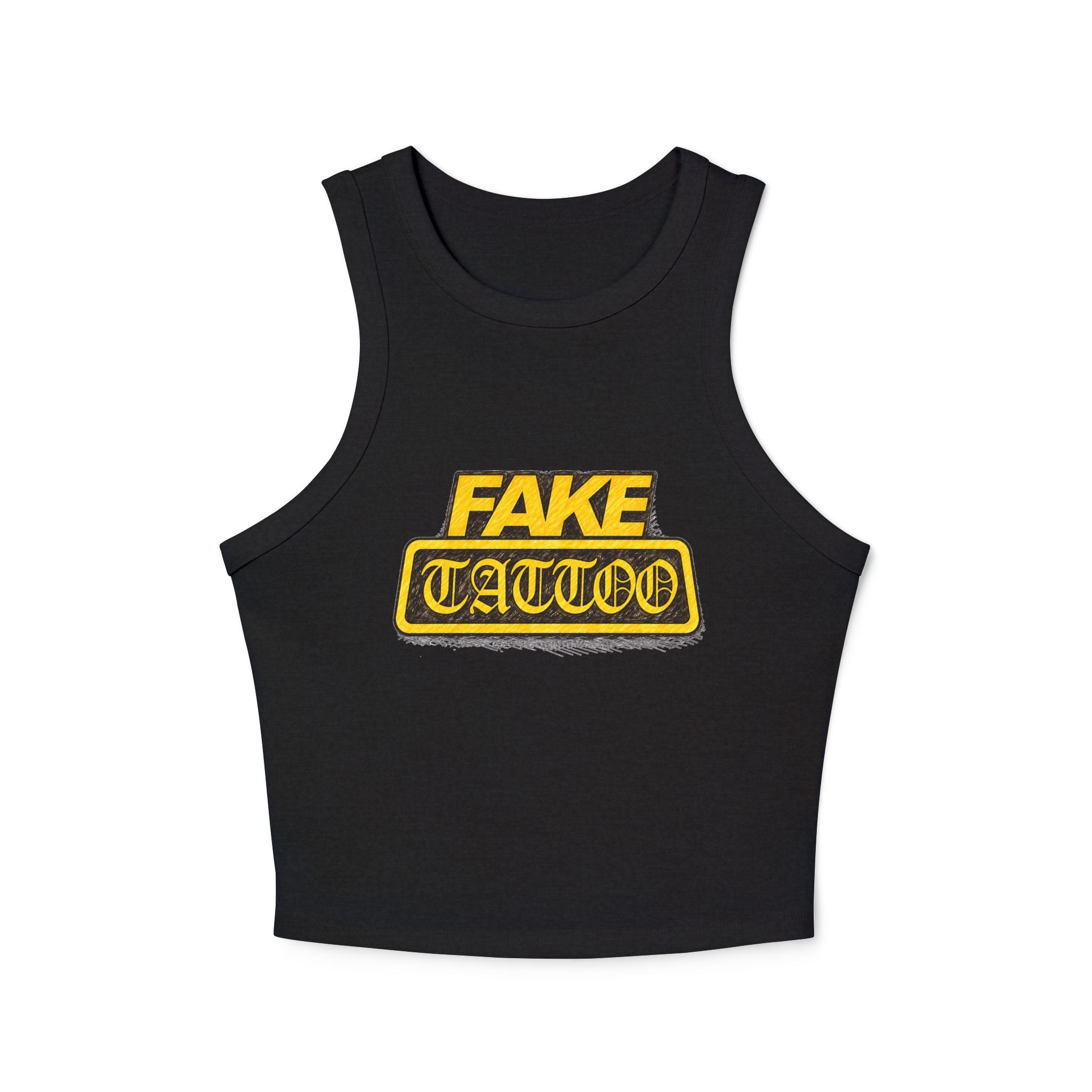 Fake Tattoo Racer Tank Top — Retro Yellow Graphic Crop Top