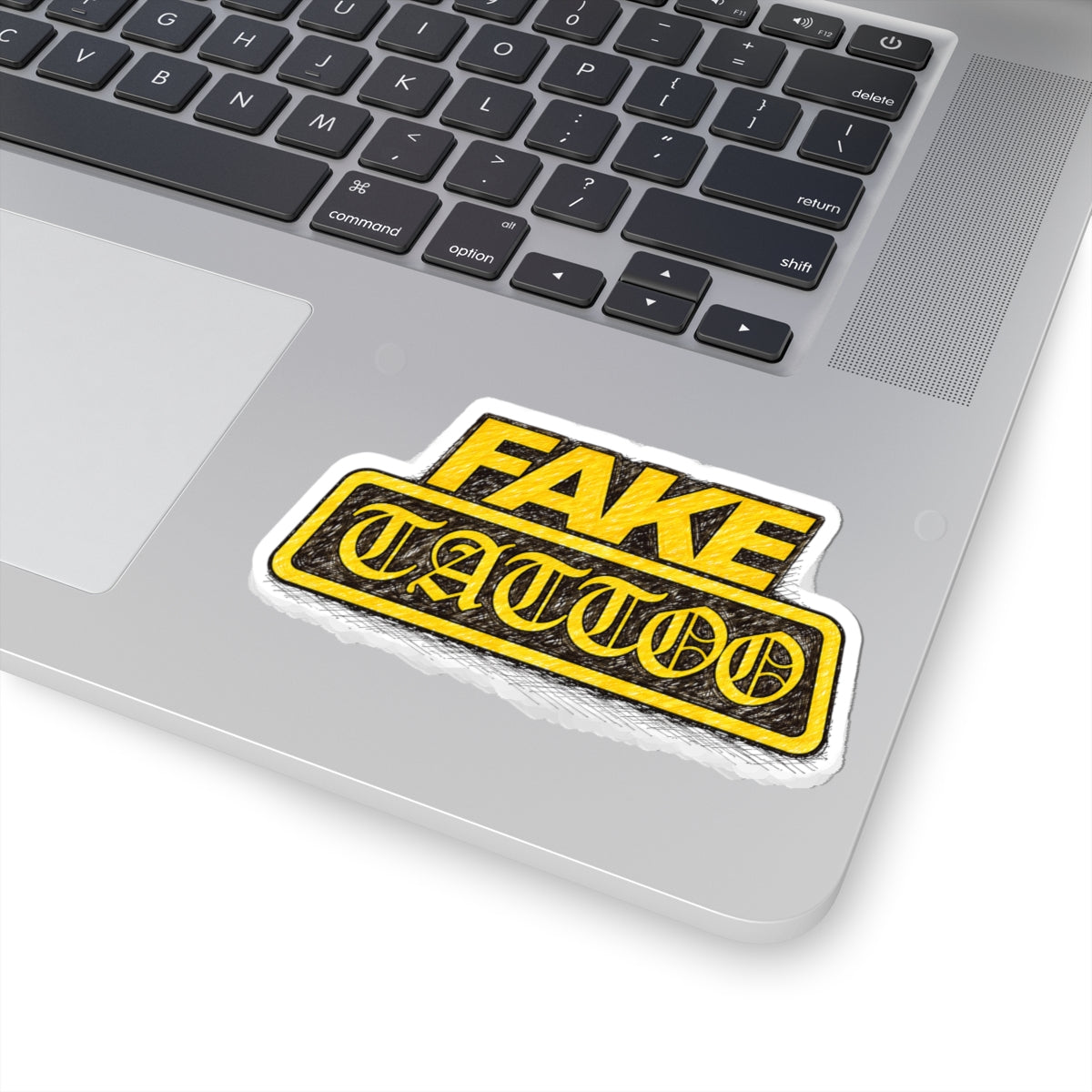Fake Tattoo Kiss-Cut Sticker — Bold Yellow Retro Decal for Laptops & Gear