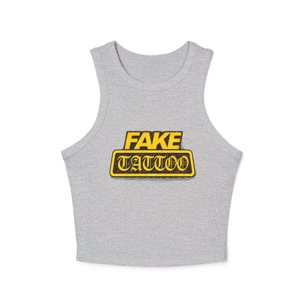 Fake Tattoo Racer Tank Top — Retro Yellow Graphic Crop Top