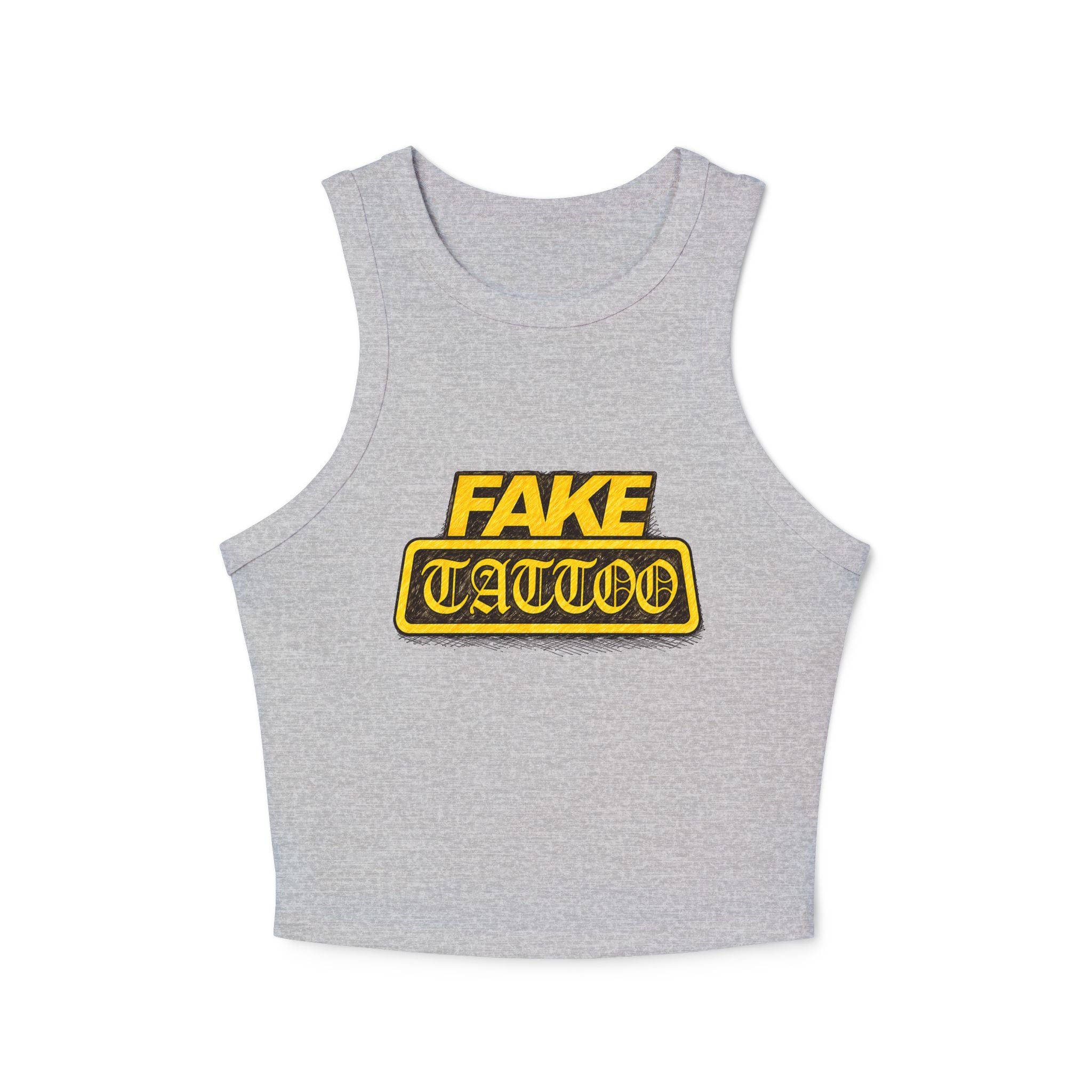 Fake Tattoo Racer Tank Top — Retro Yellow Graphic Crop Top