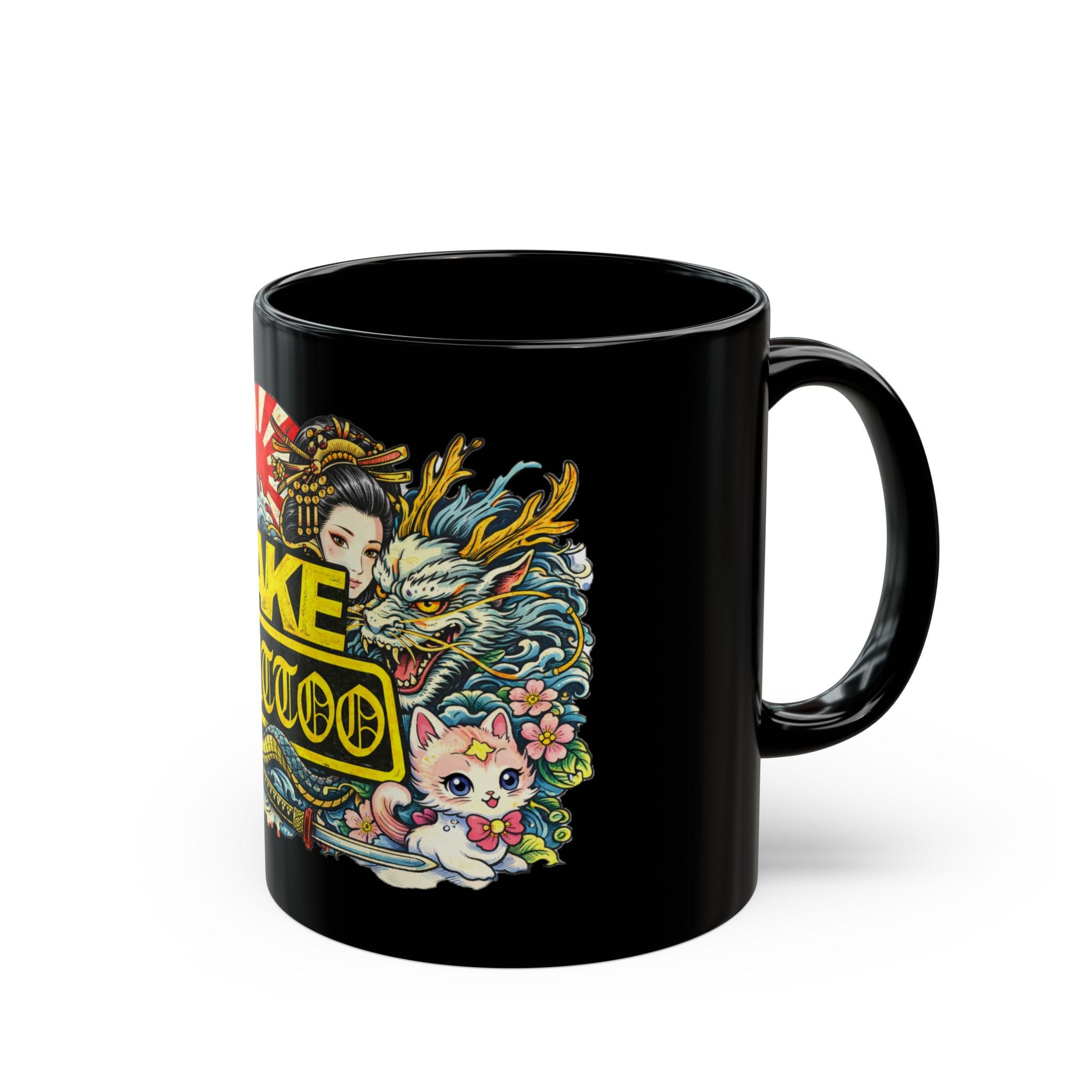 Fake Tattoo Black Mug — Japanese Tattoo Style Coffee Cup with Maneki-neko & Oni Art (11oz/15oz)