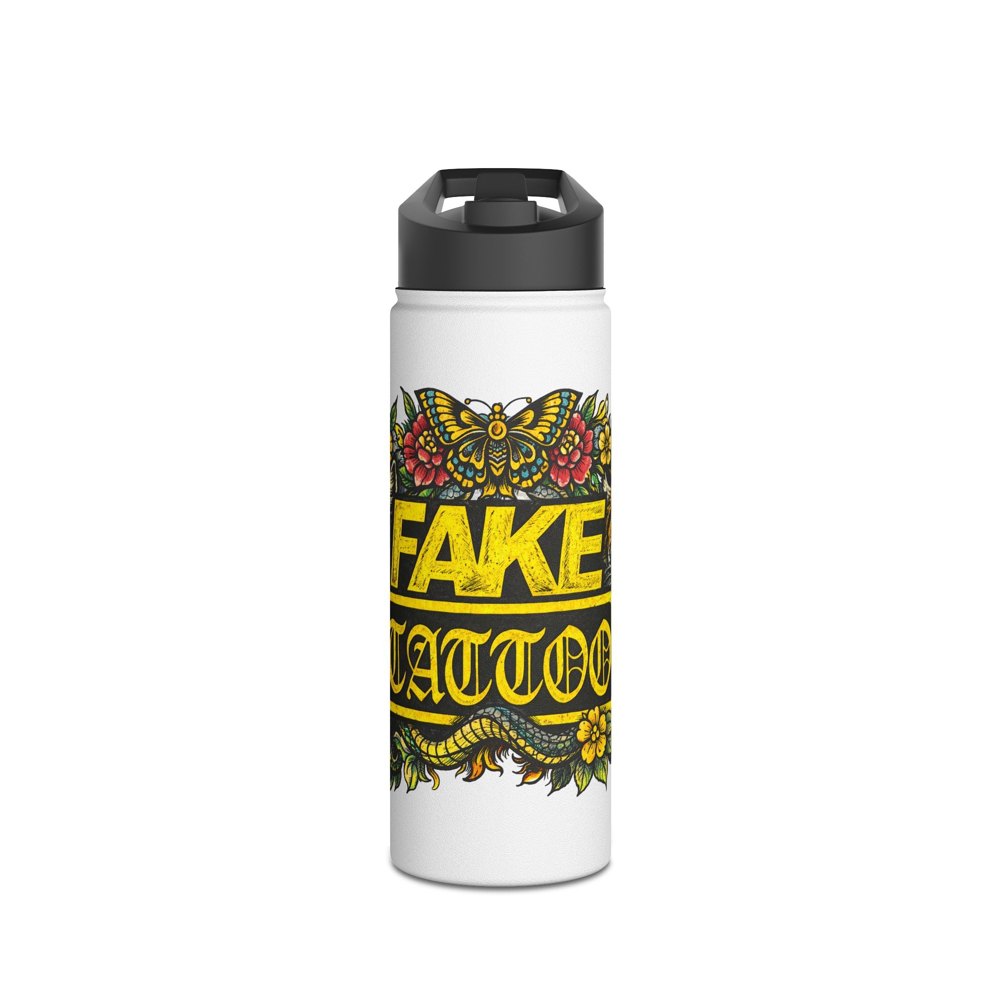 Tattoo-Style Stainless Steel Water Bottle — "Fake Tattoo" Vintage Floral Design