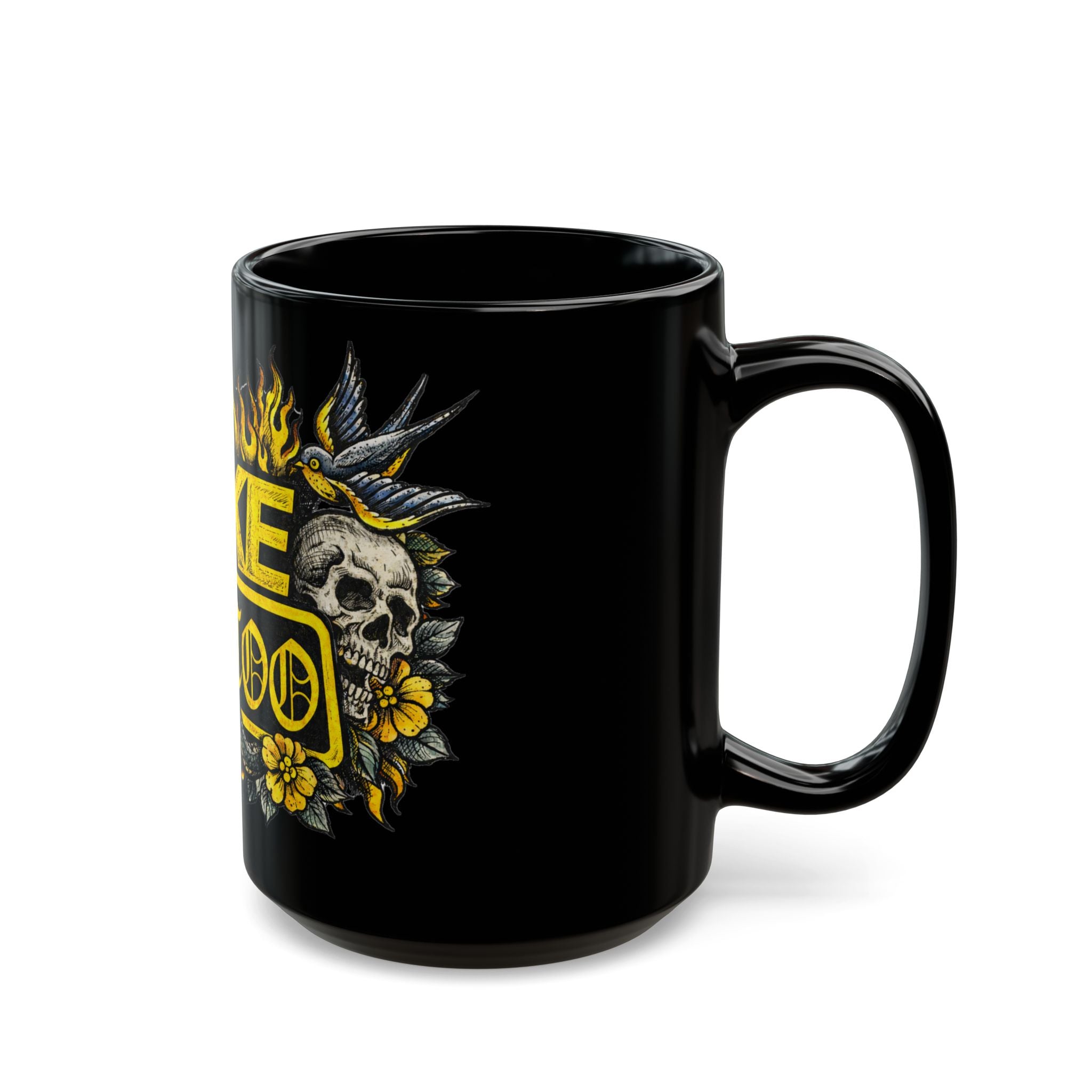 Fake Tattoo Black Mug — Skull & Snake Vintage Tattoo-Style Coffee Cup (11oz/15oz)