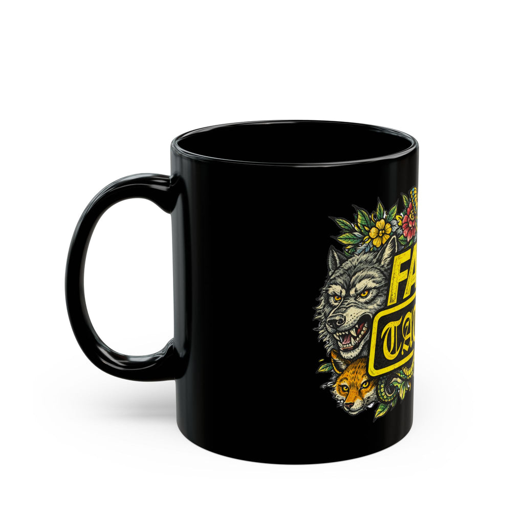 Fake Tattoo Black Mug — Bold Vintage Tattoo-Style Coffee Cup (11oz/15oz)