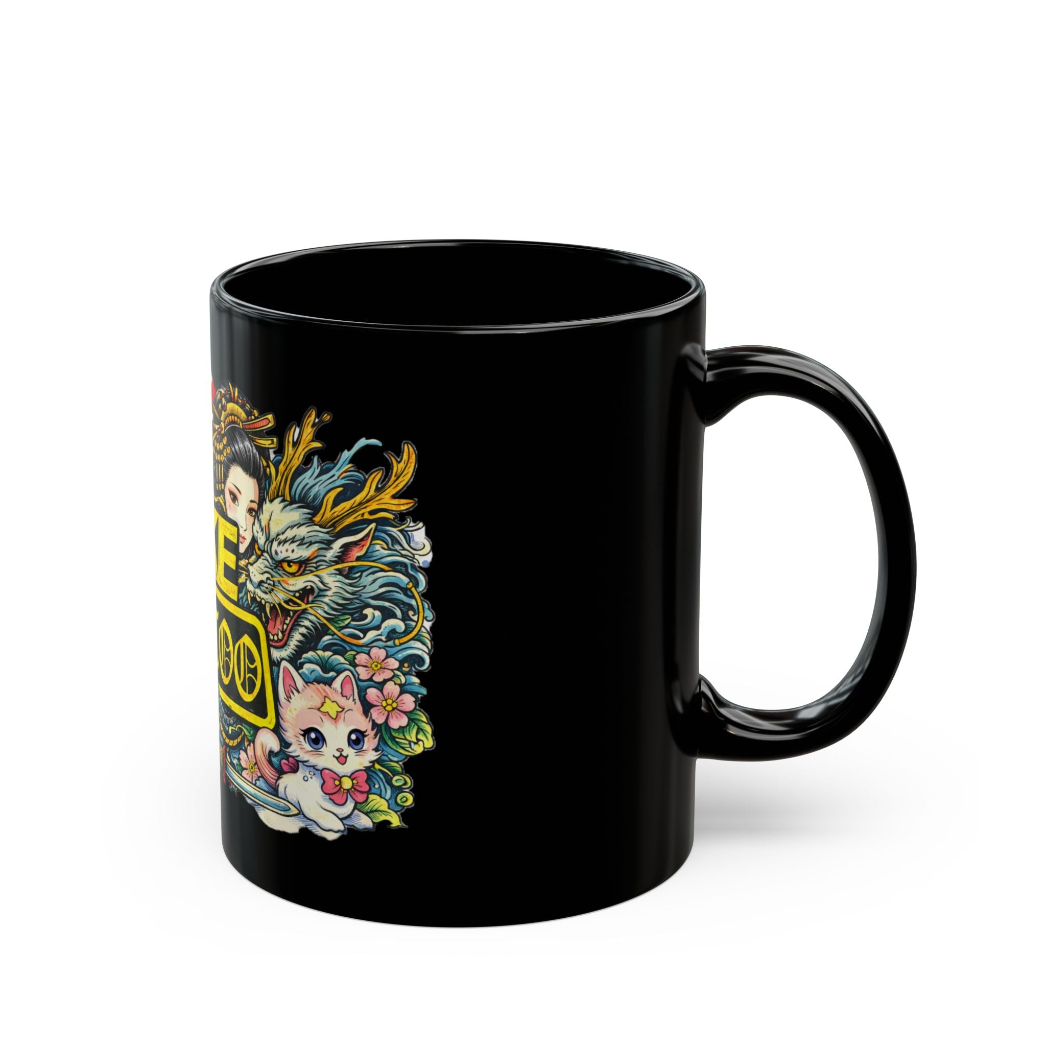 Fake Tattoo Black Mug — Japanese Tattoo Style Coffee Cup with Maneki-neko & Oni Art (11oz/15oz)